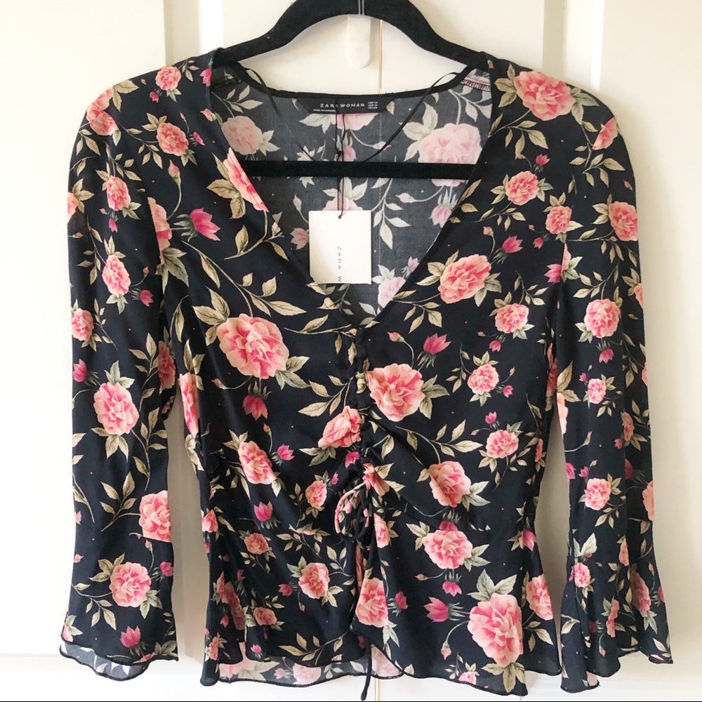 Zara Woman Black Floral V-Neck Top With Center Tie